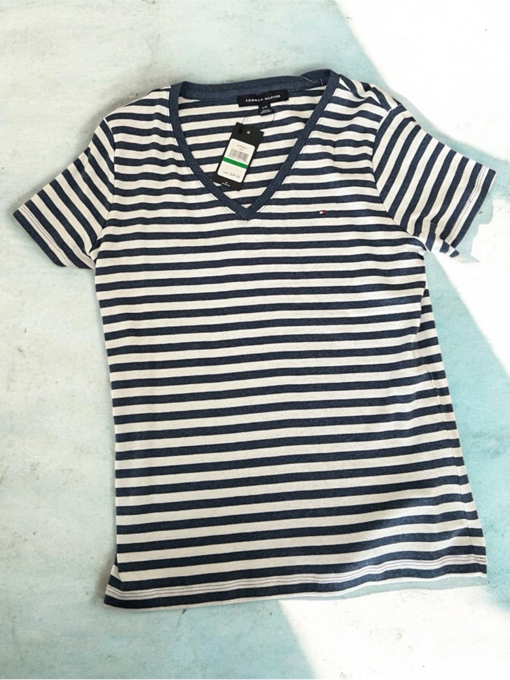 Tommy Hilfiger L Denim Navy and White Striped V-Neck Tee